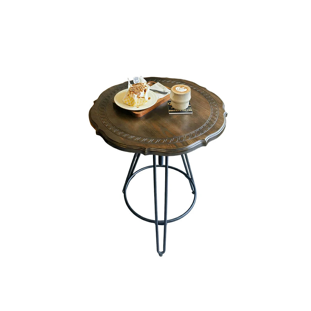 LIVARA Vintage Round Coffee Table with Carved Wood Grain Top and Adjustable Metal Legs for Living Room and Cafe - Walnut