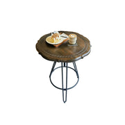 LIVARA Vintage Round Coffee Table with Carved Wood Grain Top and Adjustable Metal Legs for Living Room and Cafe - Walnut
