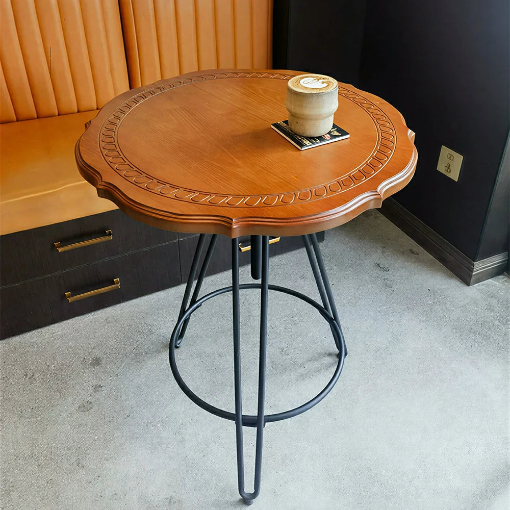 LIVARA Vintage Round Coffee Table with Carved Wood Grain Top and Adjustable Metal Legs for Living Room and Cafe - Cherry