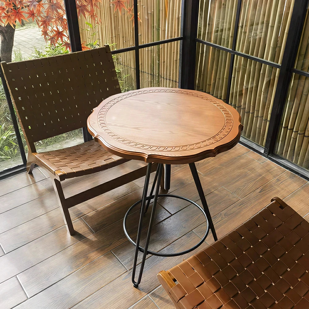 LIVARA Vintage Round Coffee Table with Carved Wood Grain Top and Adjustable Metal Legs for Living Room and Cafe - Cherry