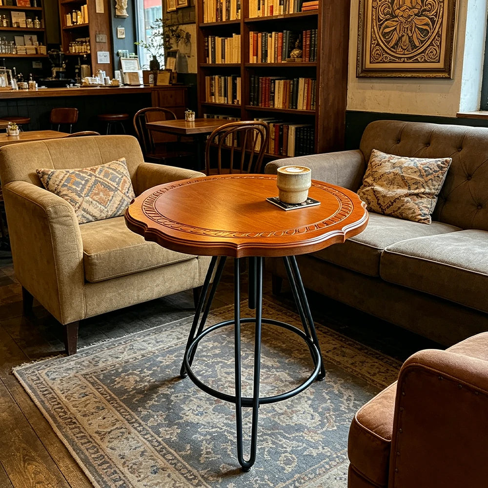 LIVARA Vintage Round Coffee Table with Carved Wood Grain Top and Adjustable Metal Legs for Living Room and Cafe - Cherry