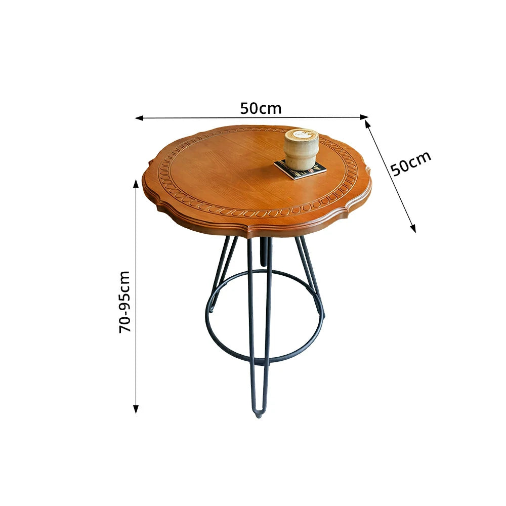 LIVARA Vintage Round Coffee Table with Carved Wood Grain Top and Adjustable Metal Legs for Living Room and Cafe - Cherry