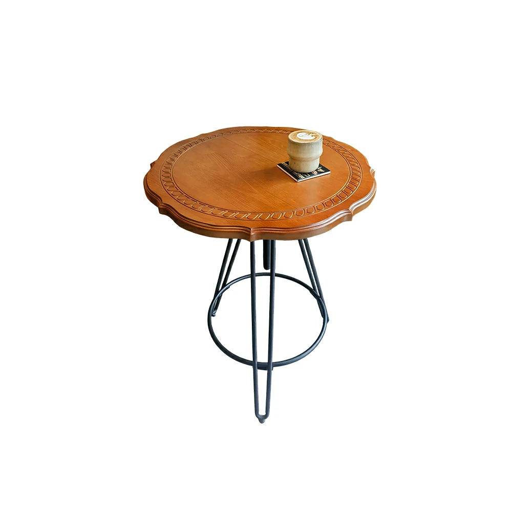 LIVARA Vintage Round Coffee Table with Carved Wood Grain Top and Adjustable Metal Legs for Living Room and Cafe - Cherry