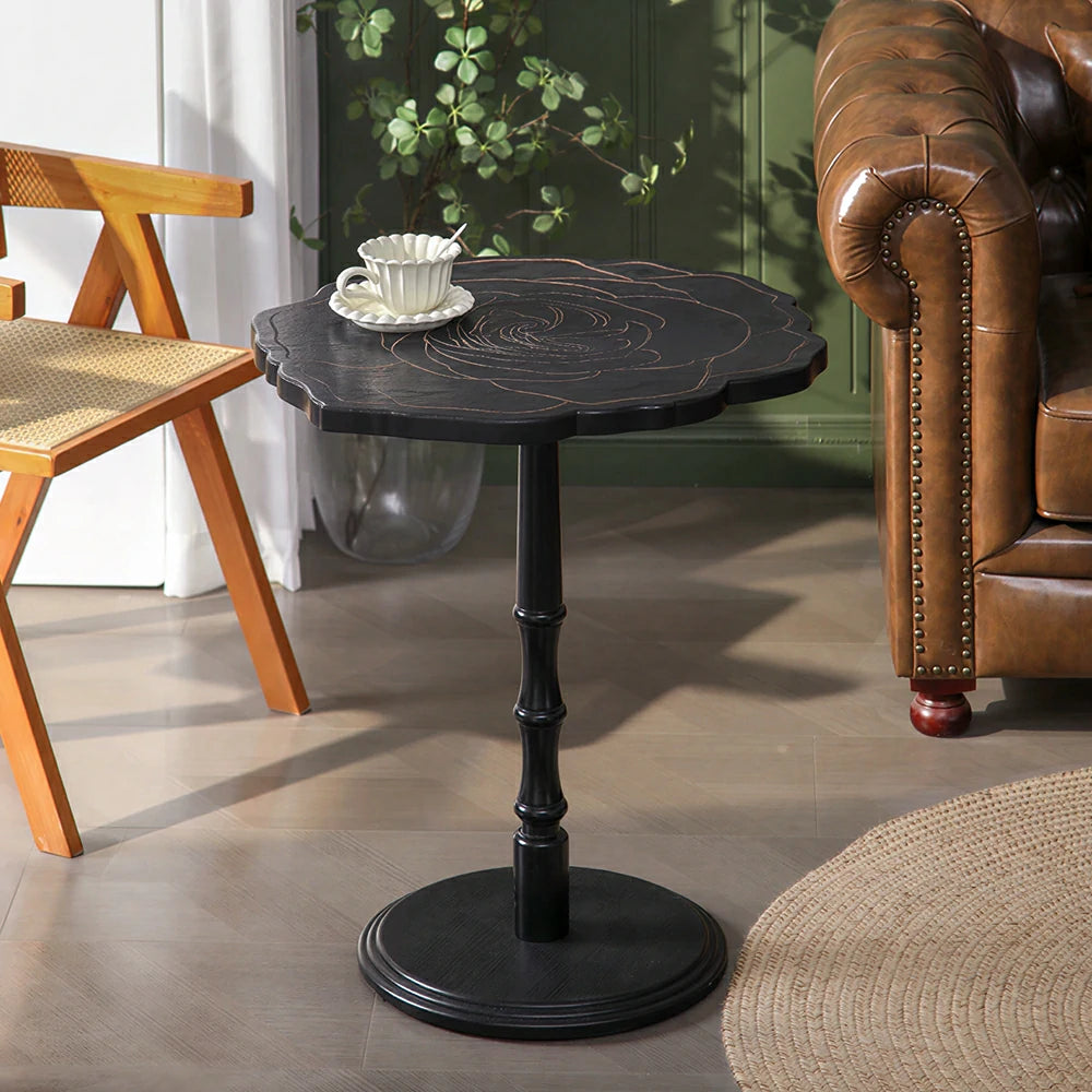 LIVARA Vintage Solid Wood Side Table with Knot-free Pine and Engraved Top for Living Room, Bedroom and Coffee Corner - Black