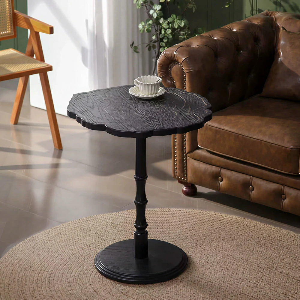 LIVARA Vintage Solid Wood Side Table with Knot-free Pine and Engraved Top for Living Room, Bedroom and Coffee Corner - Black