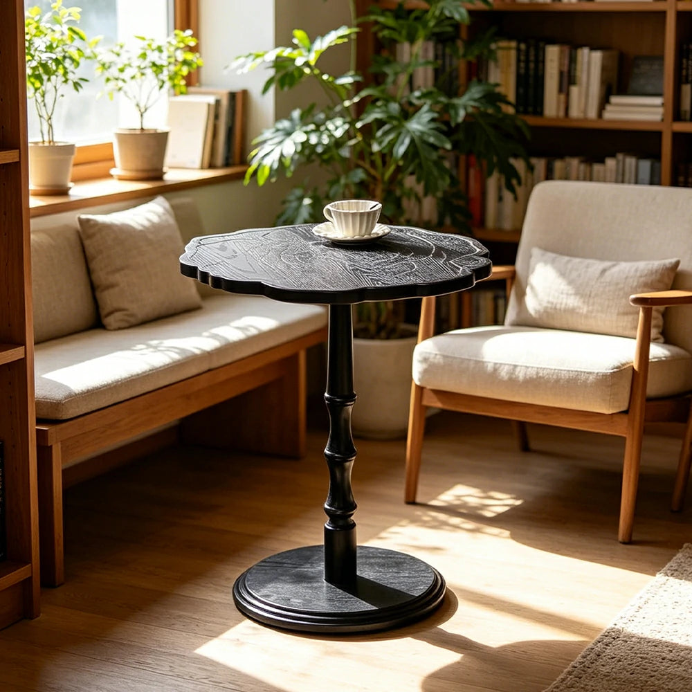 LIVARA Vintage Solid Wood Side Table with Knot-free Pine and Engraved Top for Living Room, Bedroom and Coffee Corner - Black
