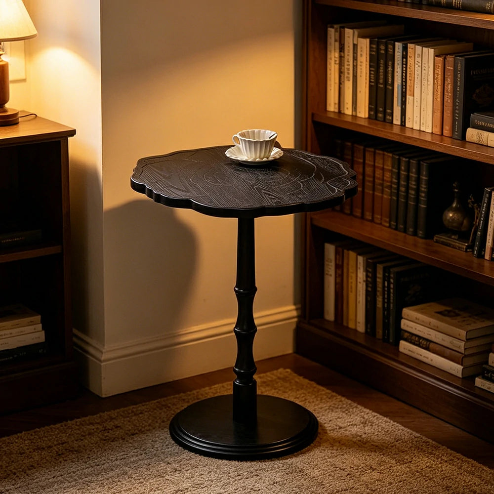 LIVARA Vintage Solid Wood Side Table with Knot-free Pine and Engraved Top for Living Room, Bedroom and Coffee Corner - Black