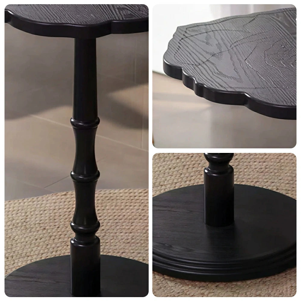 LIVARA Vintage Solid Wood Side Table with Knot-free Pine and Engraved Top for Living Room, Bedroom and Coffee Corner - Black