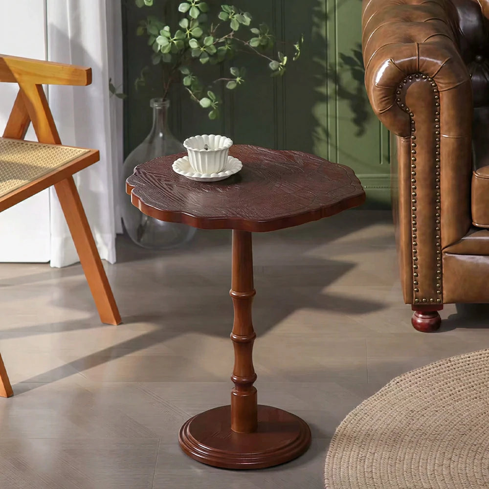 LIVARA Vintage Solid Wood Side Table with Knot-free Pine and Engraved Top for Living Room, Bedroom and Coffee Corner - Walnut