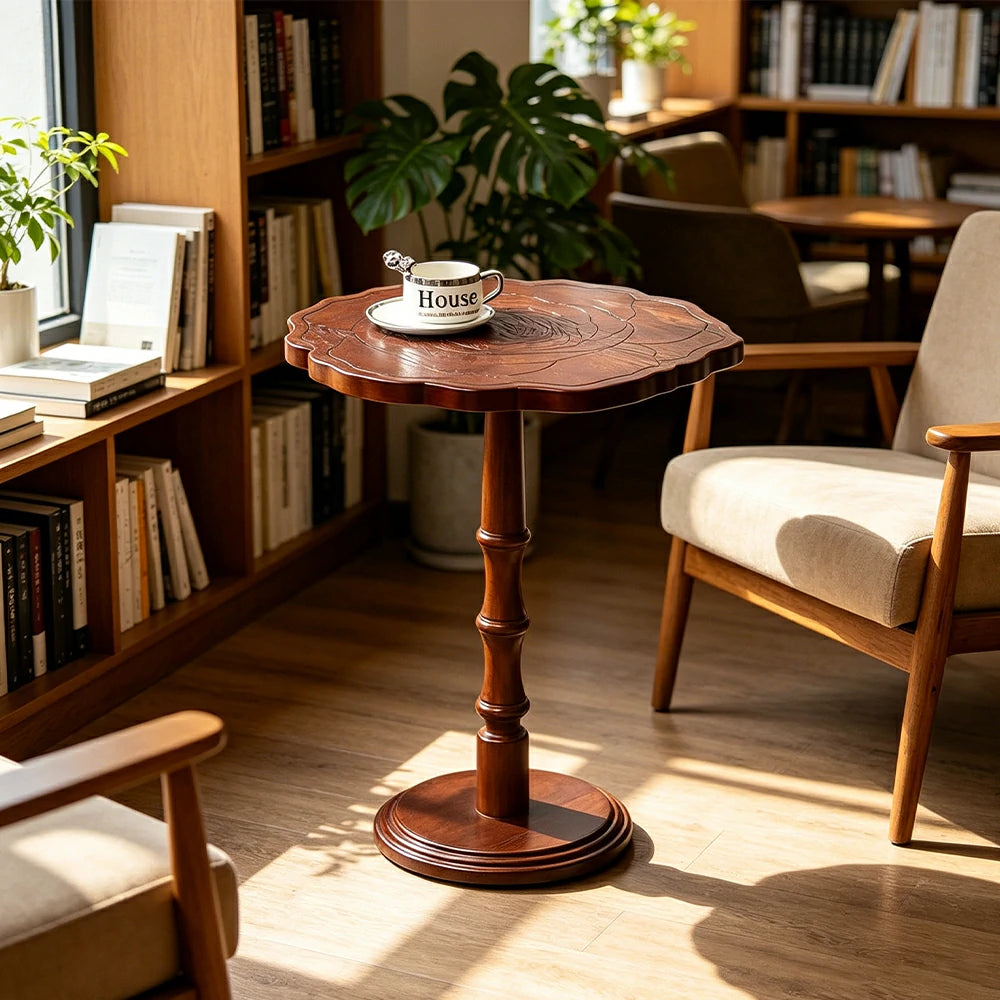 LIVARA Vintage Solid Wood Side Table with Knot-free Pine and Engraved Top for Living Room, Bedroom and Coffee Corner - Walnut