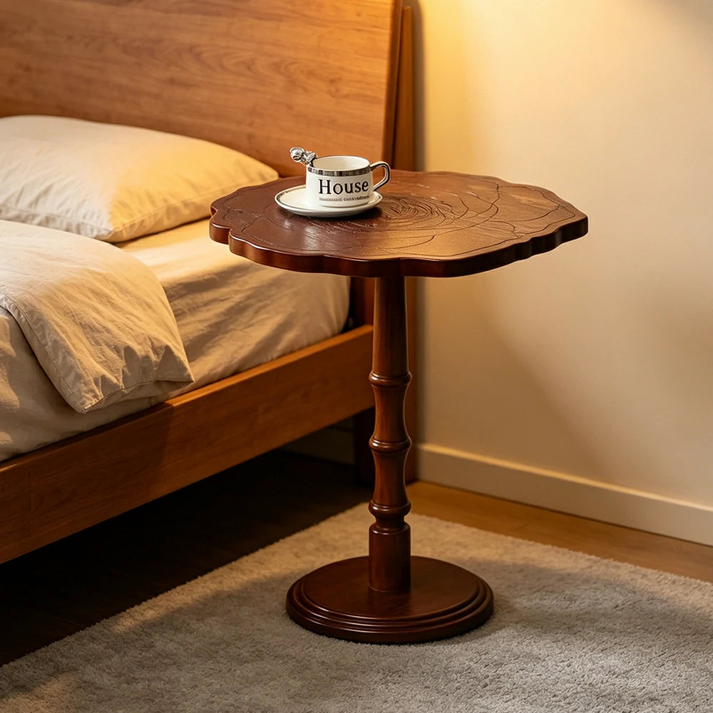LIVARA Vintage Solid Wood Side Table with Knot-free Pine and Engraved Top for Living Room, Bedroom and Coffee Corner - Walnut