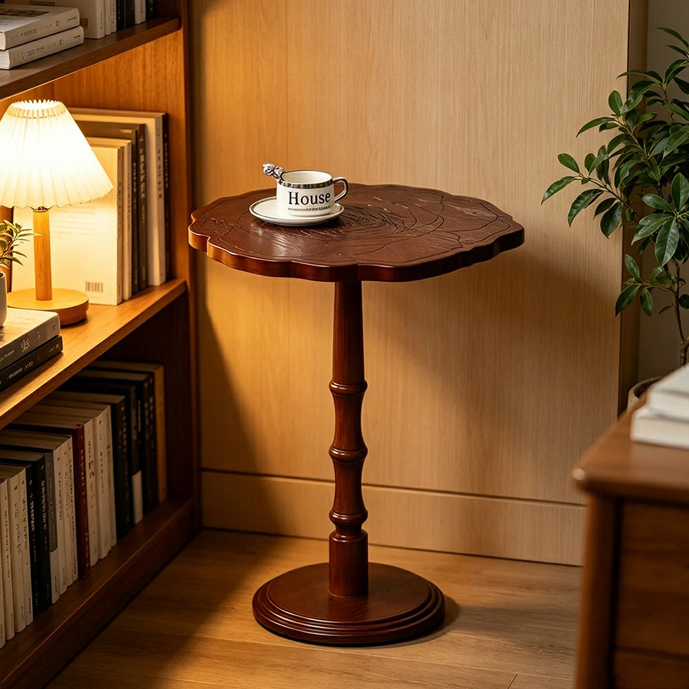 LIVARA Vintage Solid Wood Side Table with Knot-free Pine and Engraved Top for Living Room, Bedroom and Coffee Corner - Walnut