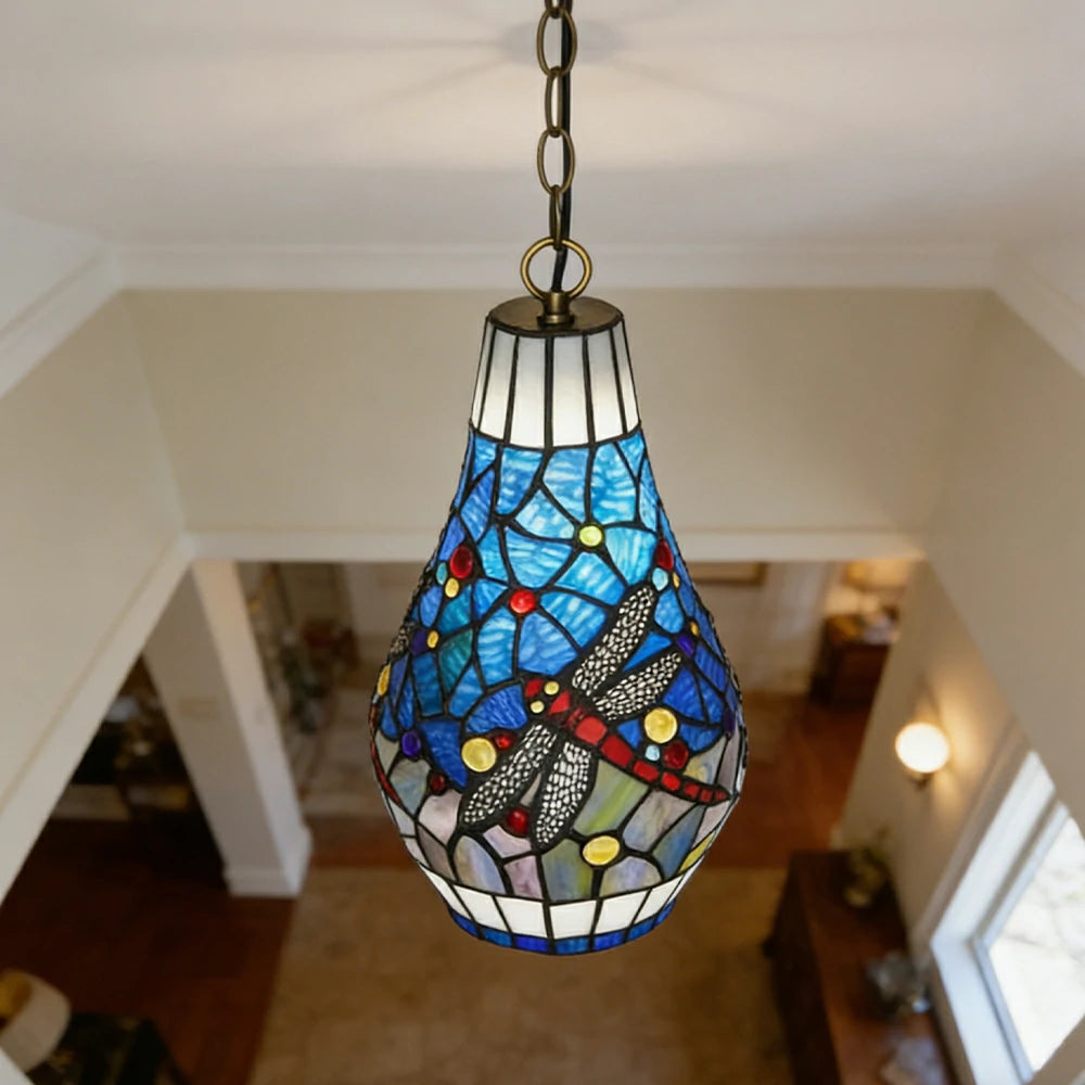 LIVARA Blue Dragonfly Stained Glass Pendant Light Soft Ambient Lighting Adjustable Chain Design Dining Living Room Bedroom Hallway