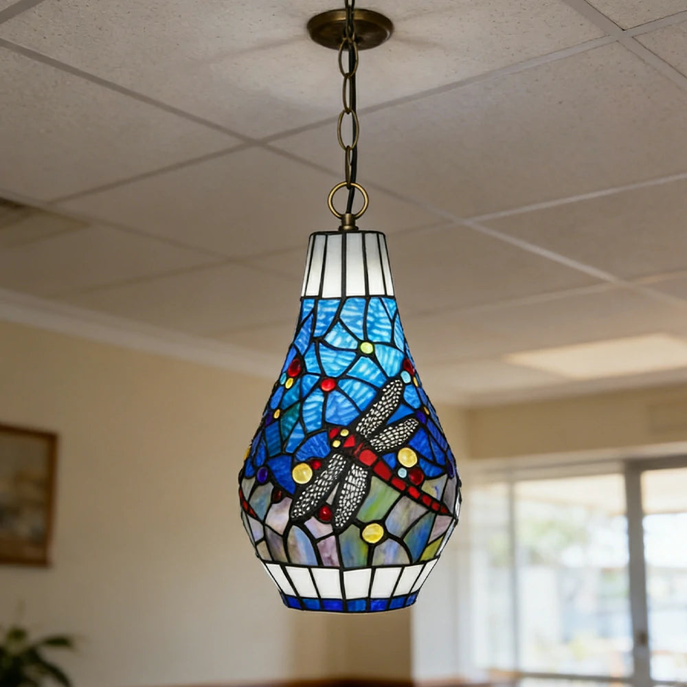 LIVARA Blue Dragonfly Stained Glass Pendant Light Soft Ambient Lighting Adjustable Chain Design Dining Living Room Bedroom Hallway
