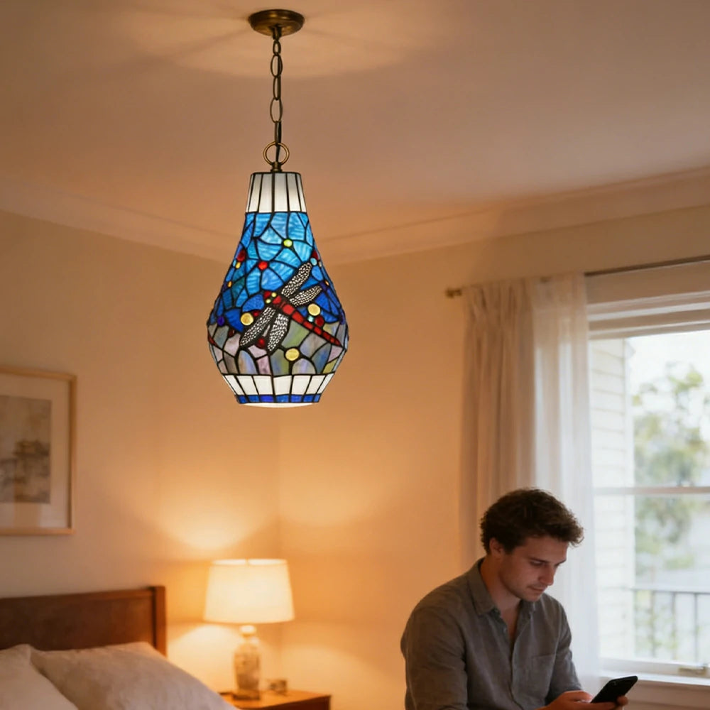 LIVARA Blue Dragonfly Stained Glass Pendant Light Soft Ambient Lighting Adjustable Chain Design Dining Living Room Bedroom Hallway