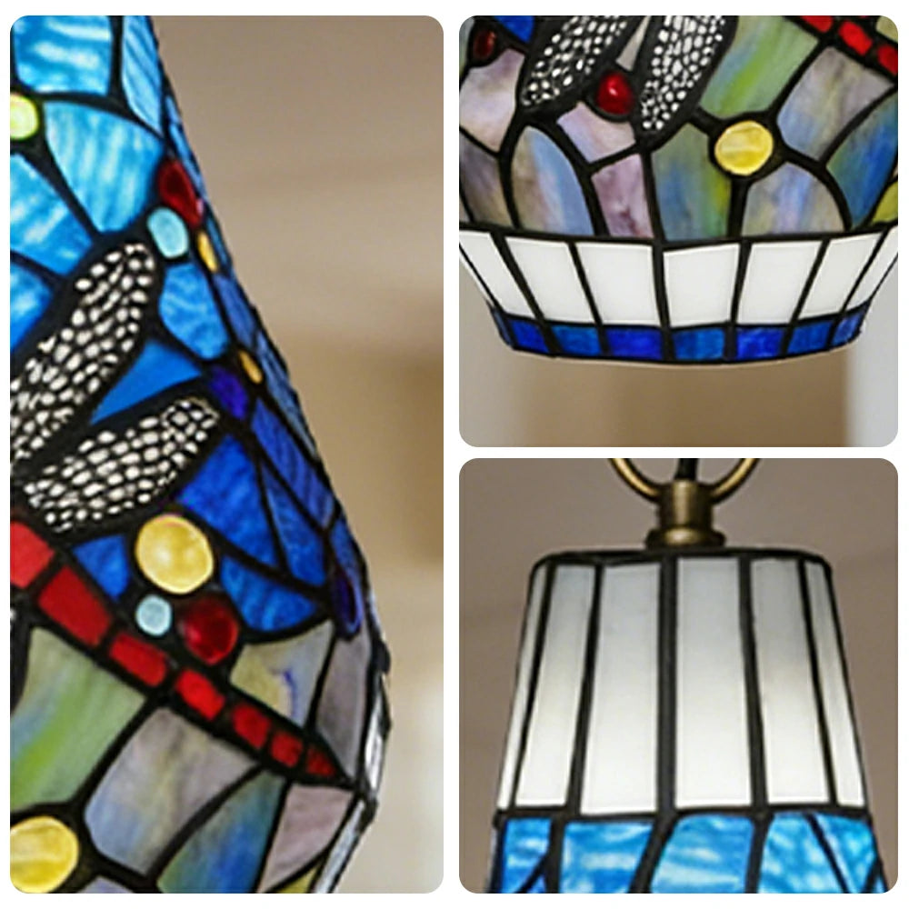 LIVARA Blue Dragonfly Stained Glass Pendant Light Soft Ambient Lighting Adjustable Chain Design Dining Living Room Bedroom Hallway