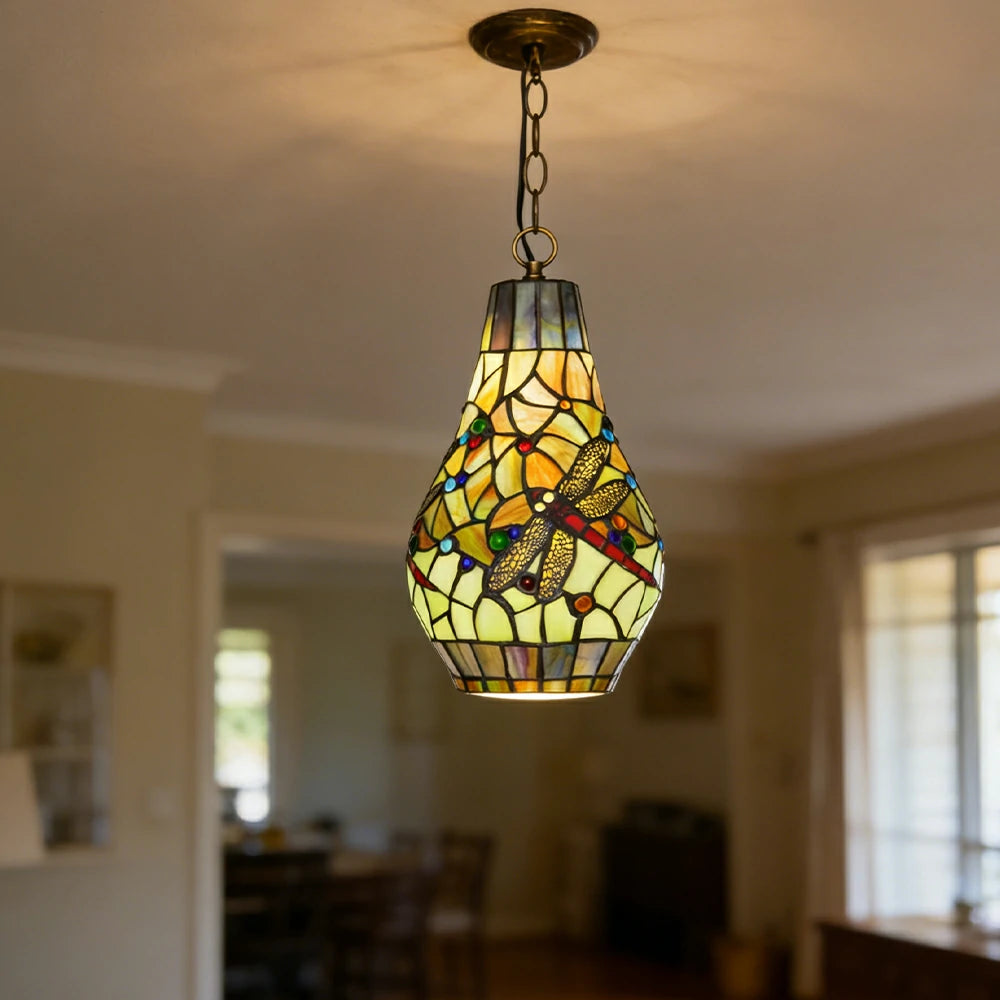 LIVARA Green Dragonfly Stained Glass Pendant Light Soft Ambient Lighting Adjustable Chain Design Dining Living Room Bedroom Hallway