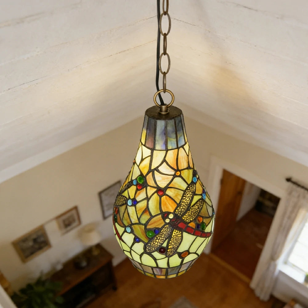 LIVARA Green Dragonfly Stained Glass Pendant Light Soft Ambient Lighting Adjustable Chain Design Dining Living Room Bedroom Hallway