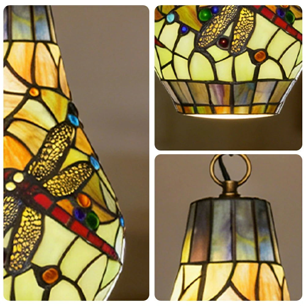 LIVARA Green Dragonfly Stained Glass Pendant Light Soft Ambient Lighting Adjustable Chain Design Dining Living Room Bedroom Hallway