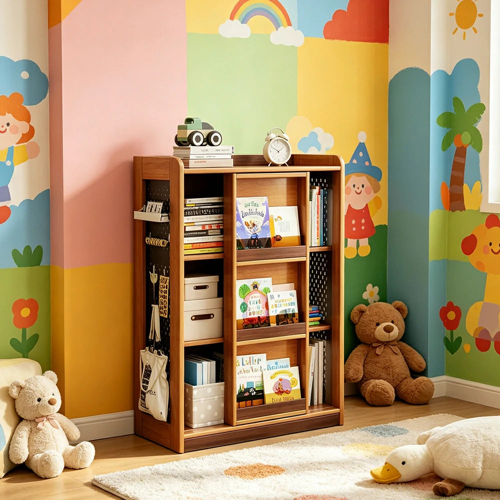 LIVARA 3-Tier Kids Picture Book Storage Cabinet with Pegboard and Sliding Bookshelf for Children's Room and Study