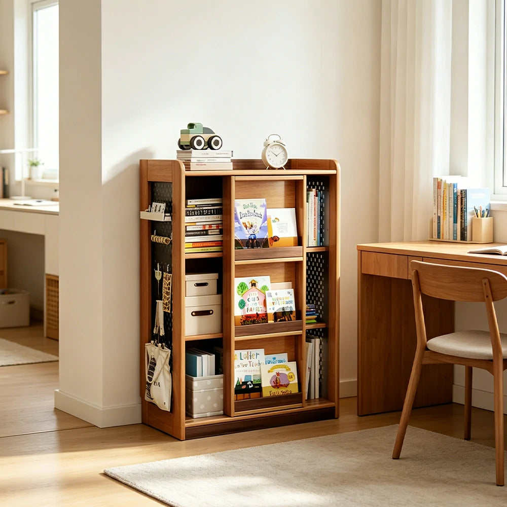 LIVARA 3-Tier Kids Picture Book Storage Cabinet with Pegboard and Sliding Bookshelf for Children's Room and Study