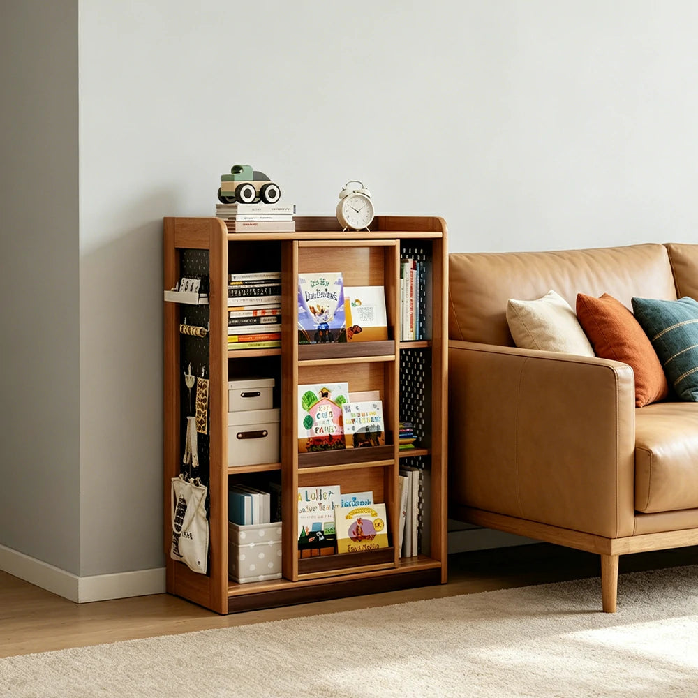 LIVARA 3-Tier Kids Picture Book Storage Cabinet with Pegboard and Sliding Bookshelf for Children's Room and Study