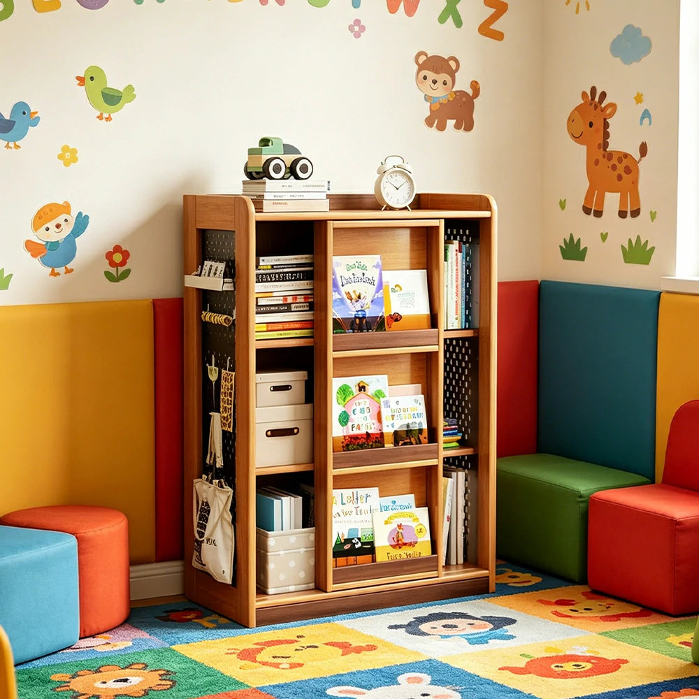 LIVARA 3-Tier Kids Picture Book Storage Cabinet with Pegboard and Sliding Bookshelf for Children's Room and Study