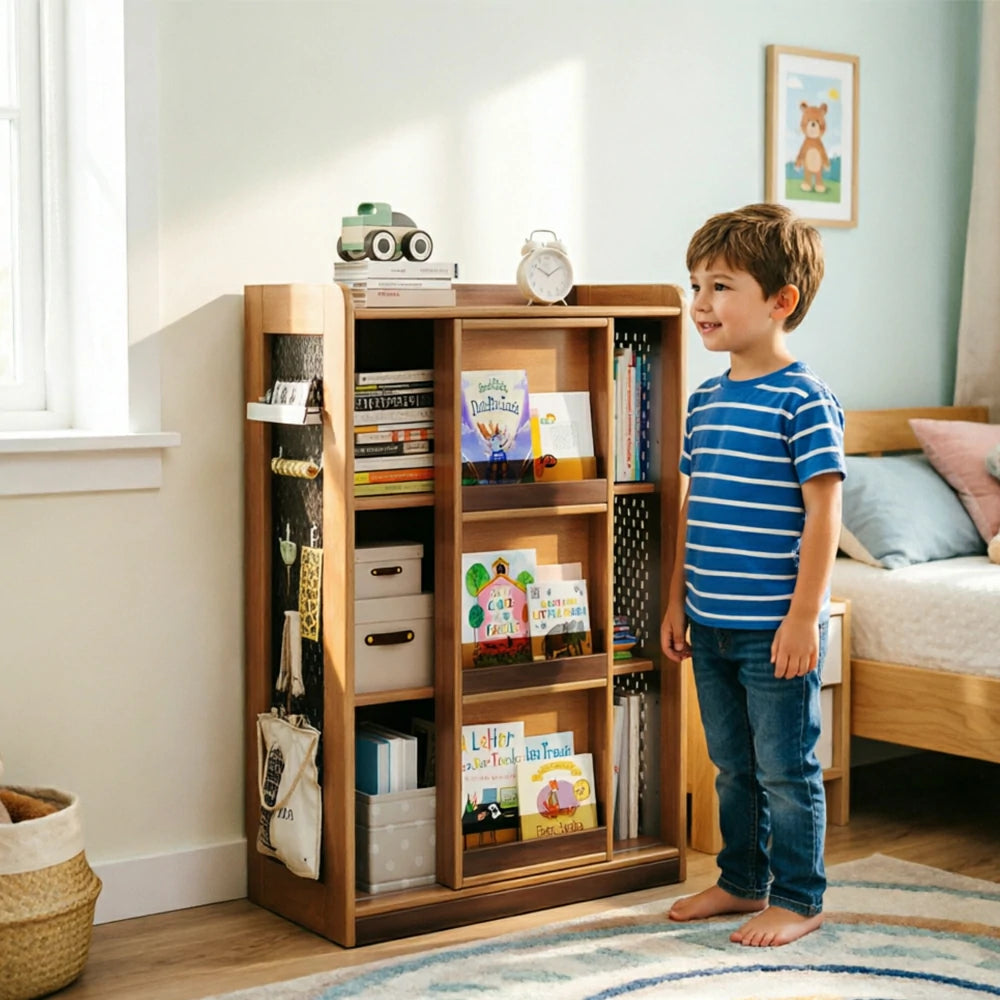 LIVARA 3-Tier Kids Picture Book Storage Cabinet with Pegboard and Sliding Bookshelf for Children's Room and Study