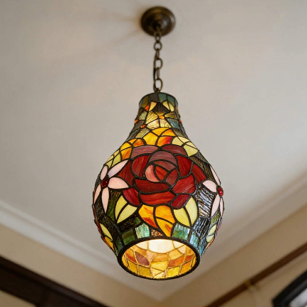 LIVARA Rose Pattern Stained Glass Pendant Light Soft Ambient Lighting Adjustable Chain Design Dining Living Room Bedroom Hallway