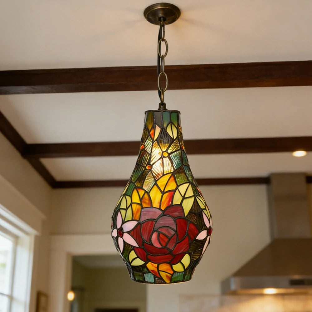 LIVARA Rose Pattern Stained Glass Pendant Light Soft Ambient Lighting Adjustable Chain Design Dining Living Room Bedroom Hallway