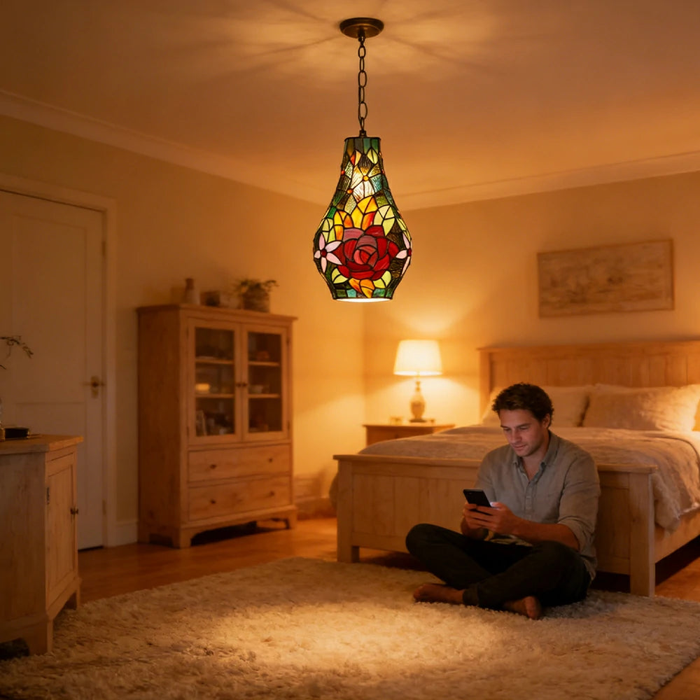 LIVARA Rose Pattern Stained Glass Pendant Light Soft Ambient Lighting Adjustable Chain Design Dining Living Room Bedroom Hallway