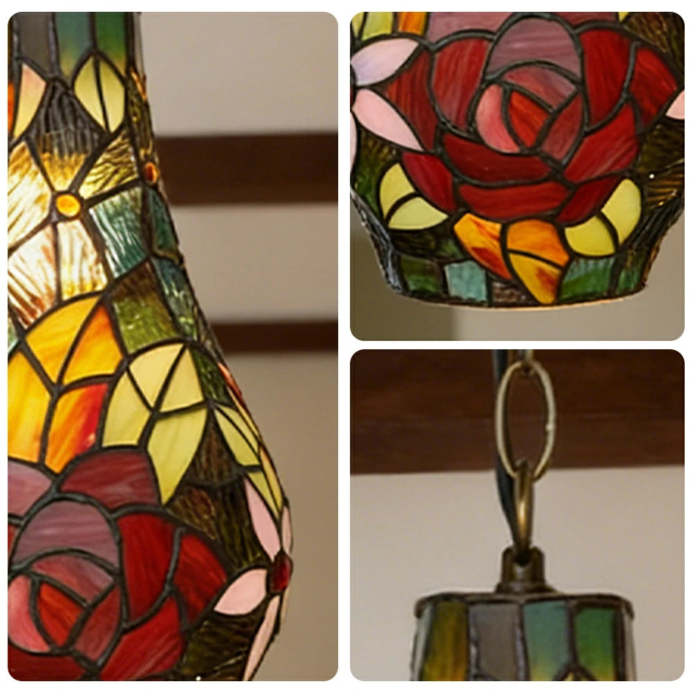 LIVARA Rose Pattern Stained Glass Pendant Light Soft Ambient Lighting Adjustable Chain Design Dining Living Room Bedroom Hallway