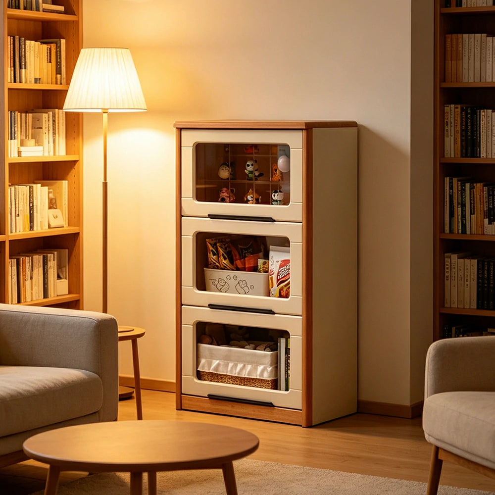 LIVARA 3-Tier Flip Door Solid Wood Bookcase with Cherry Wood Frame for Kids Room Study and Reading Space