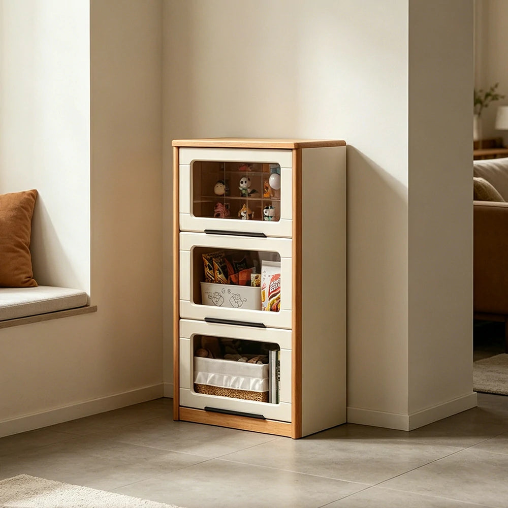LIVARA 3-Tier Flip Door Solid Wood Bookcase with Cherry Wood Frame for Kids Room Study and Reading Space