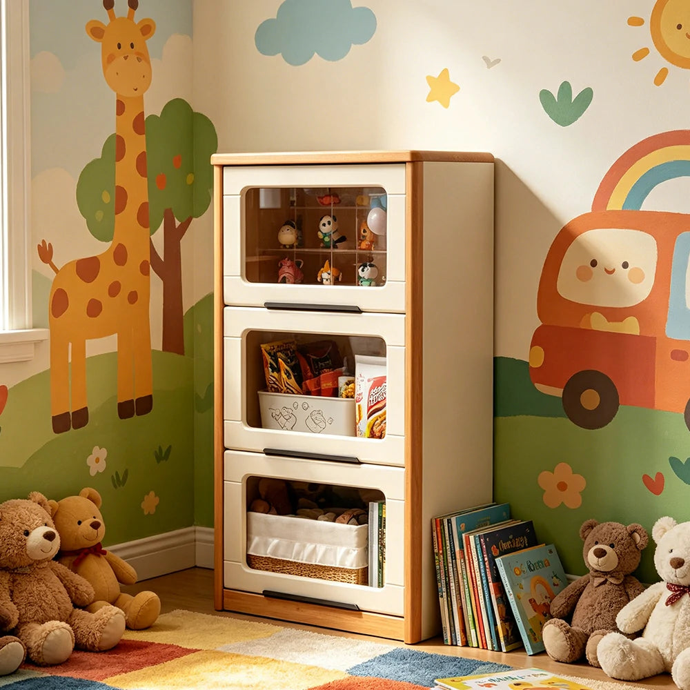 LIVARA 3-Tier Flip Door Solid Wood Bookcase with Cherry Wood Frame for Kids Room Study and Reading Space