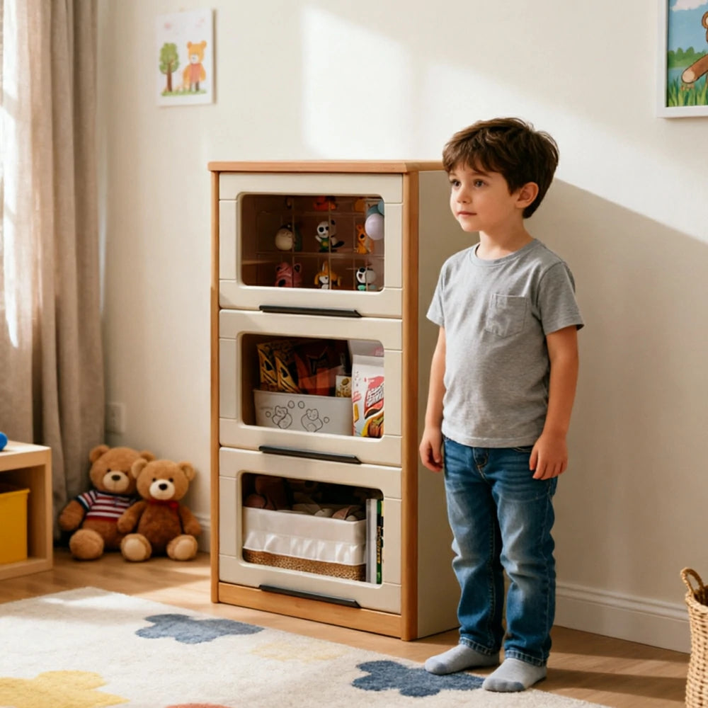 LIVARA 3-Tier Flip Door Solid Wood Bookcase with Cherry Wood Frame for Kids Room Study and Reading Space