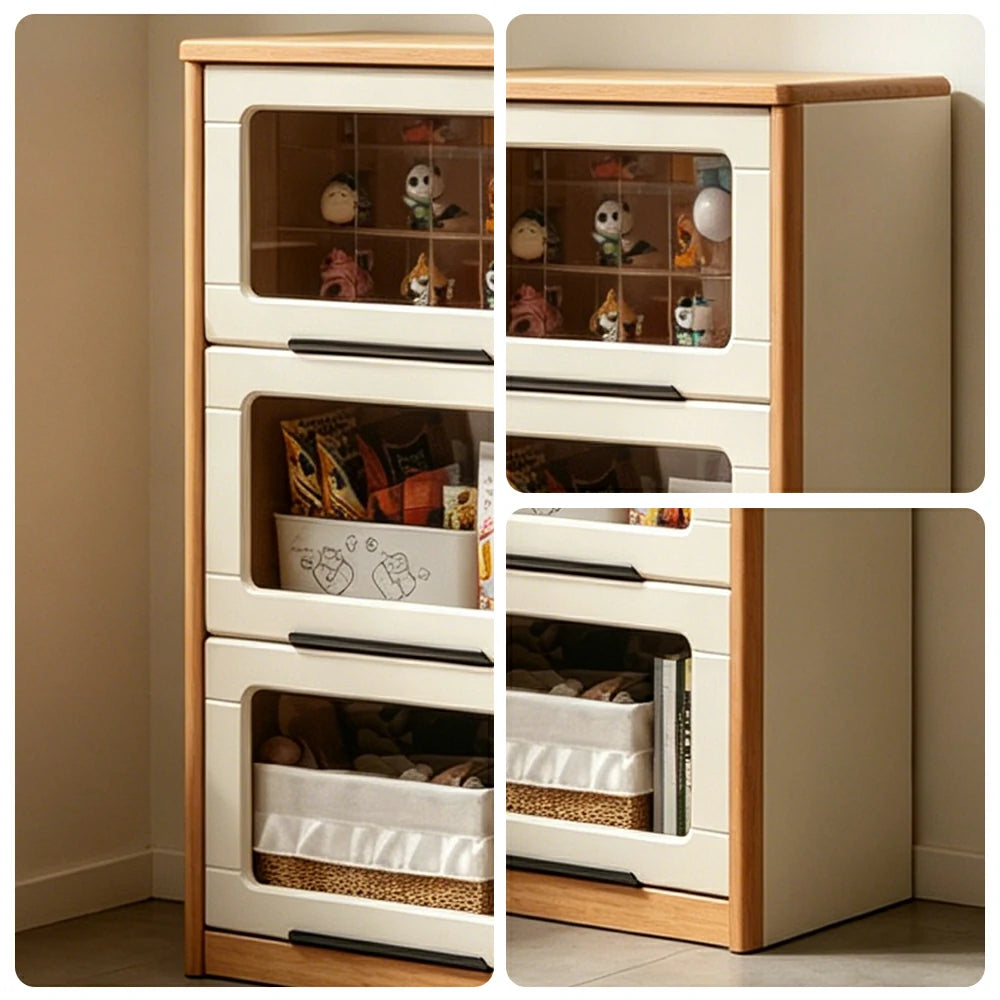 LIVARA 3-Tier Flip Door Solid Wood Bookcase with Cherry Wood Frame for Kids Room Study and Reading Space