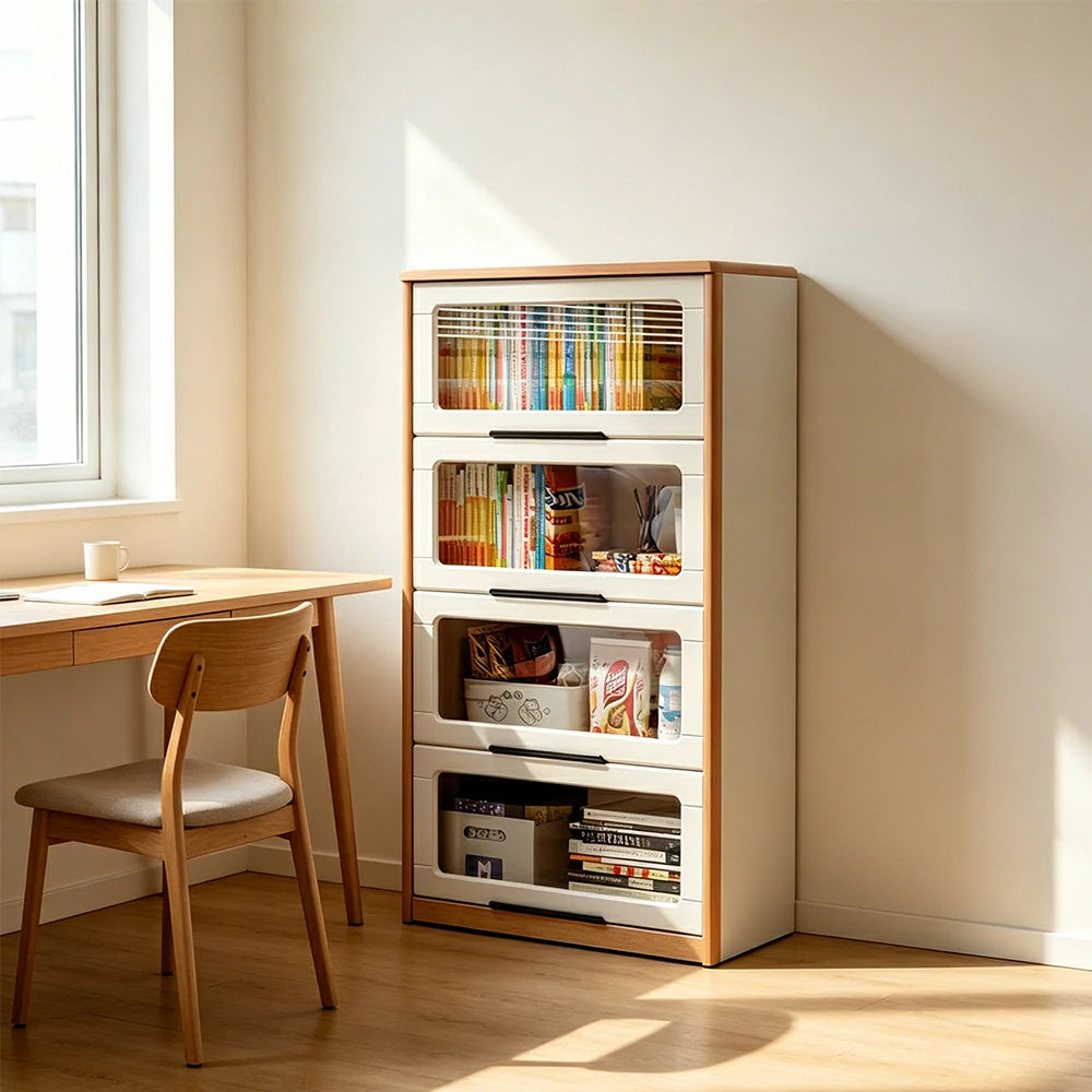 LIVARA 4-Tier Flip Door Solid Wood Bookcase with Cherry Wood Frame for Kids Room Study and Reading Space