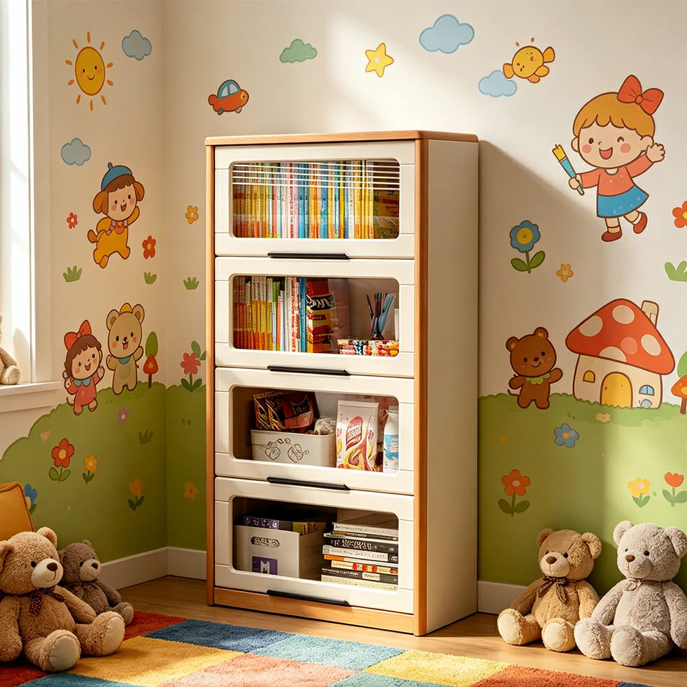 LIVARA 4-Tier Flip Door Solid Wood Bookcase with Cherry Wood Frame for Kids Room Study and Reading Space