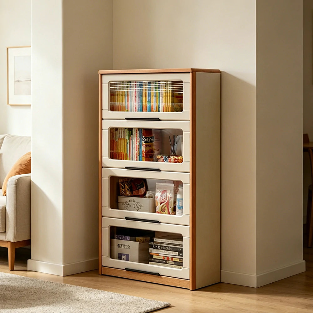 LIVARA 4-Tier Flip Door Solid Wood Bookcase with Cherry Wood Frame for Kids Room Study and Reading Space