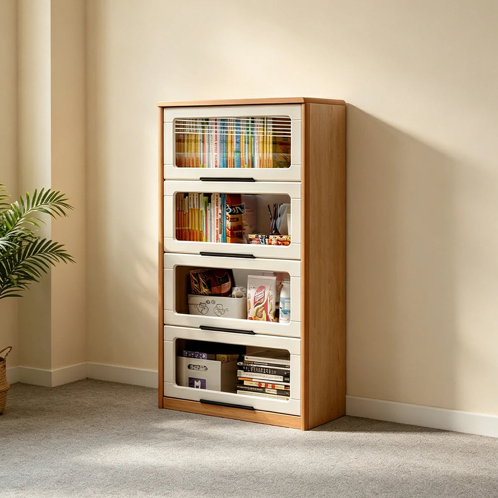 LIVARA 4-Tier Flip Door Solid Wood Bookcase with Cherry Wood Frame for Kids Room Study and Reading Space