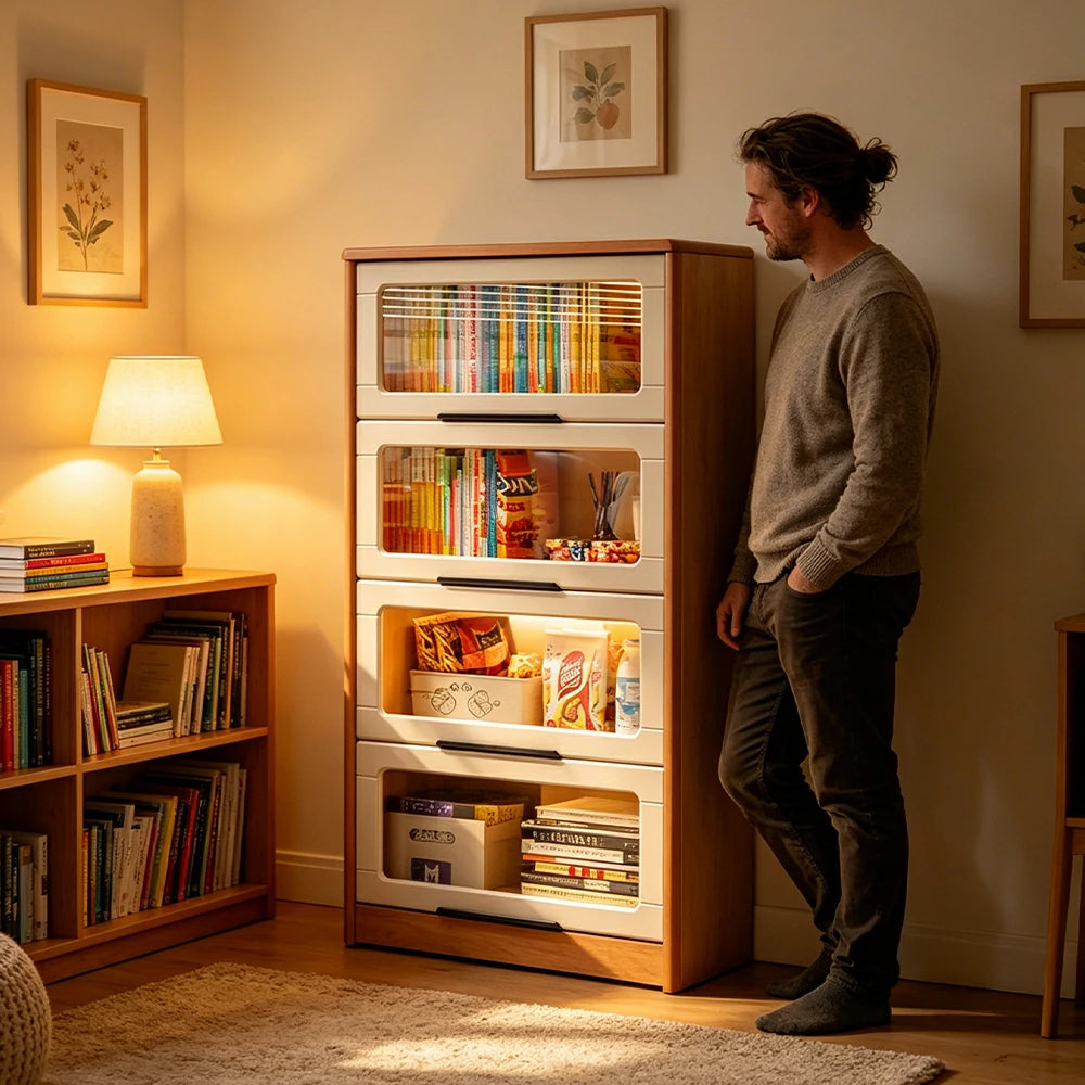LIVARA 4-Tier Flip Door Solid Wood Bookcase with Cherry Wood Frame for Kids Room Study and Reading Space
