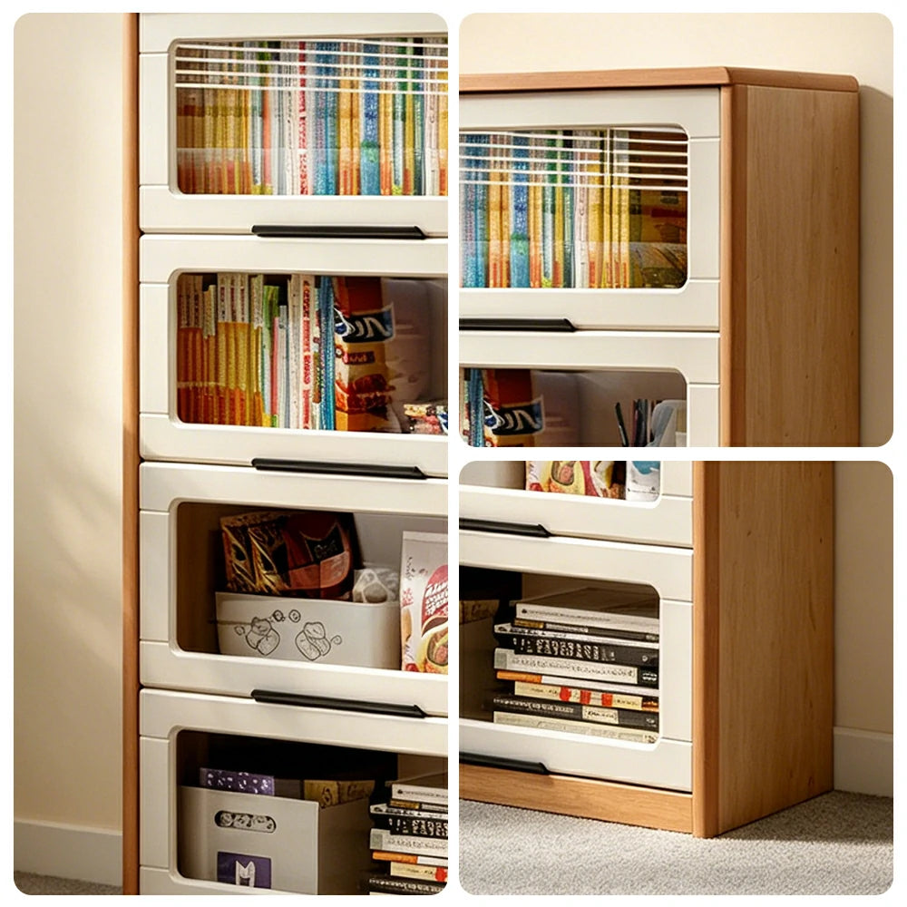 LIVARA 4-Tier Flip Door Solid Wood Bookcase with Cherry Wood Frame for Kids Room Study and Reading Space