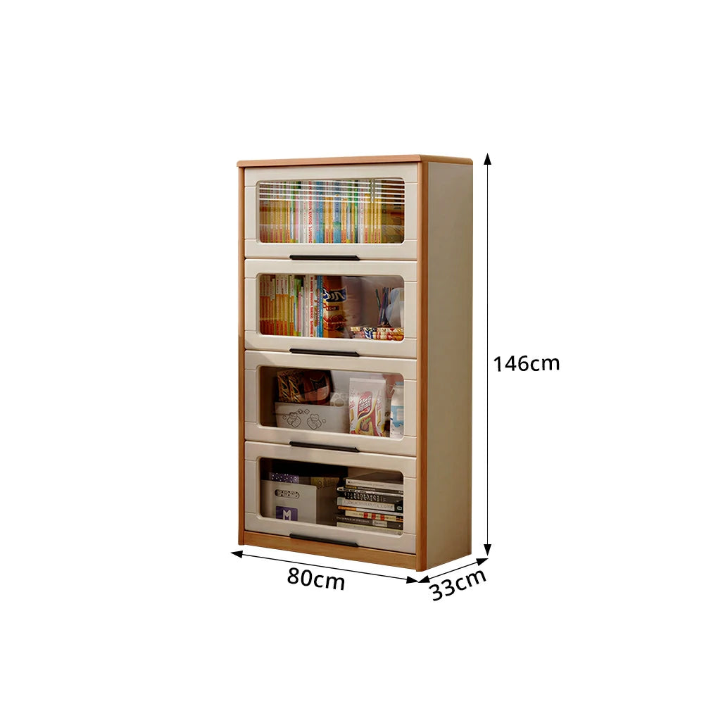 LIVARA 4-Tier Flip Door Solid Wood Bookcase with Cherry Wood Frame for Kids Room Study and Reading Space