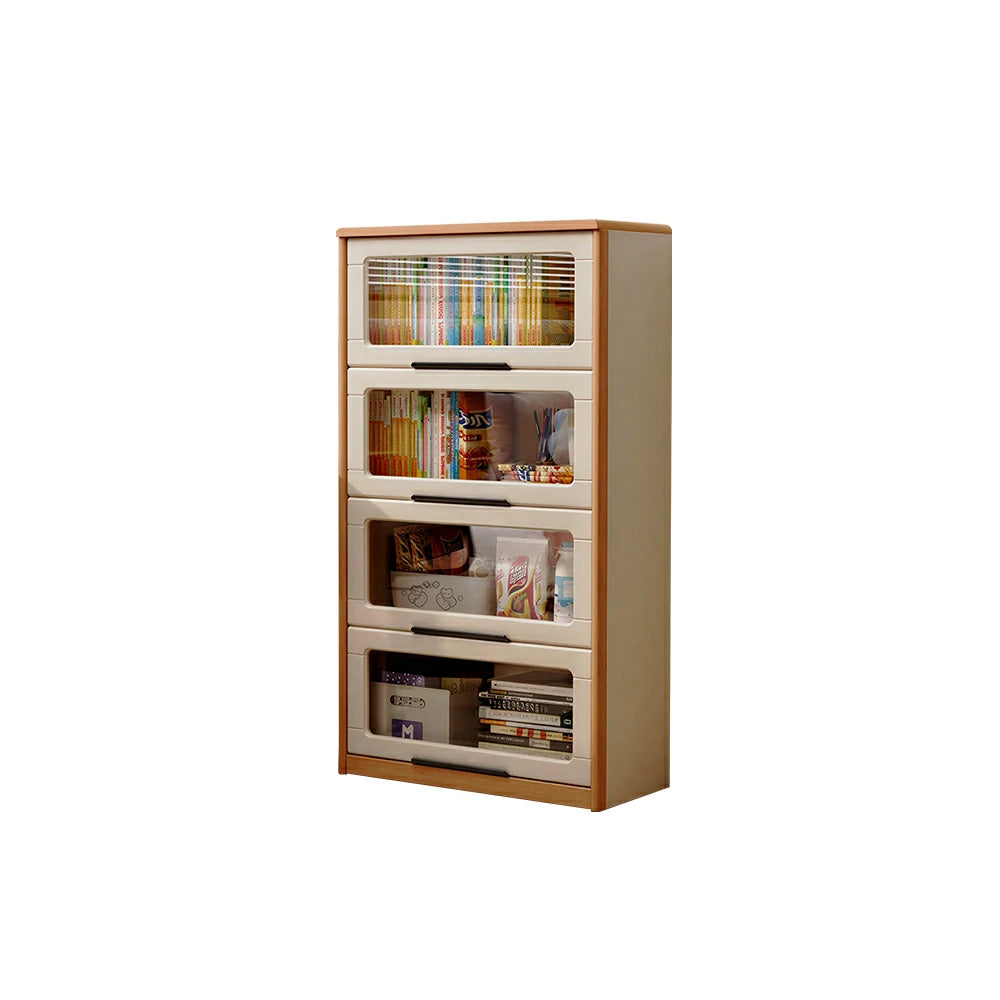 LIVARA 4-Tier Flip Door Solid Wood Bookcase with Cherry Wood Frame for Kids Room Study and Reading Space