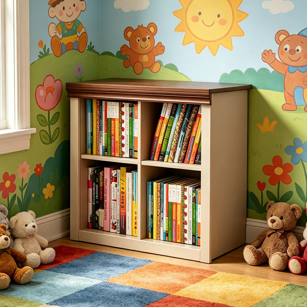 LIVARA 2-Column Solid Wood Storage Bookcase with Open Shelves and Spacious Desktop for Kids Room and Study