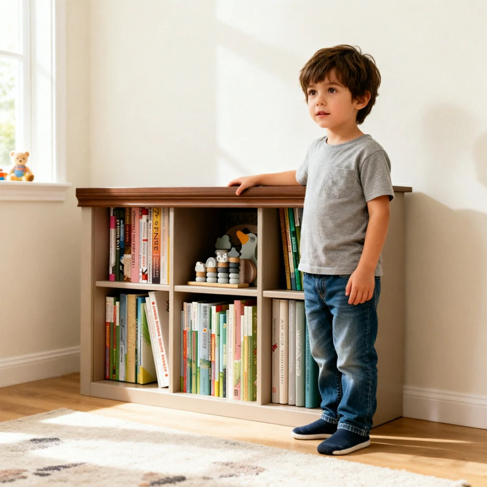 LIVARA 3-Column Solid Wood Storage Bookcase with Open Shelves and Spacious Desktop for Kids Room and Study
