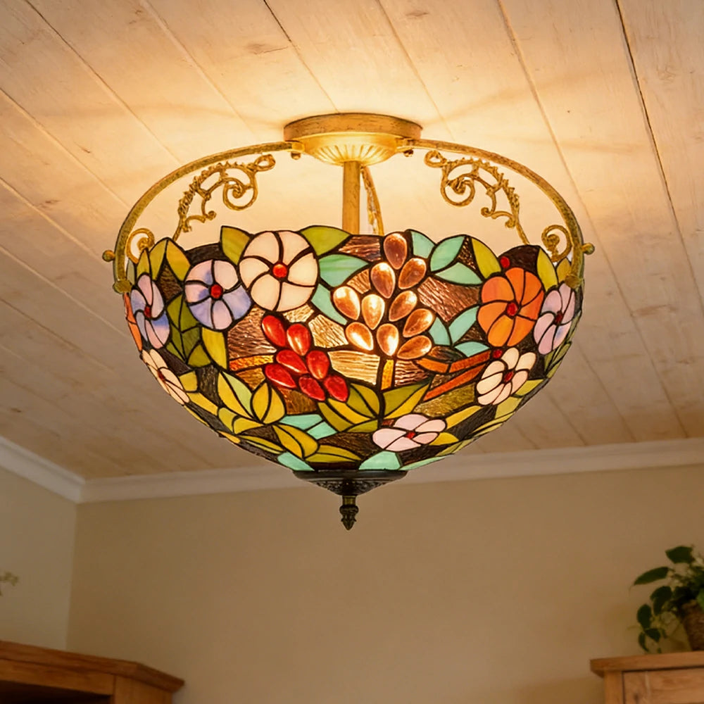 LIVARA European Vintage Grape Floral Pattern Stained Glass Ceiling Light 3-Light Design Even Lighting 42x38cm Suitable for Living Room Bedroom Dining Hallway