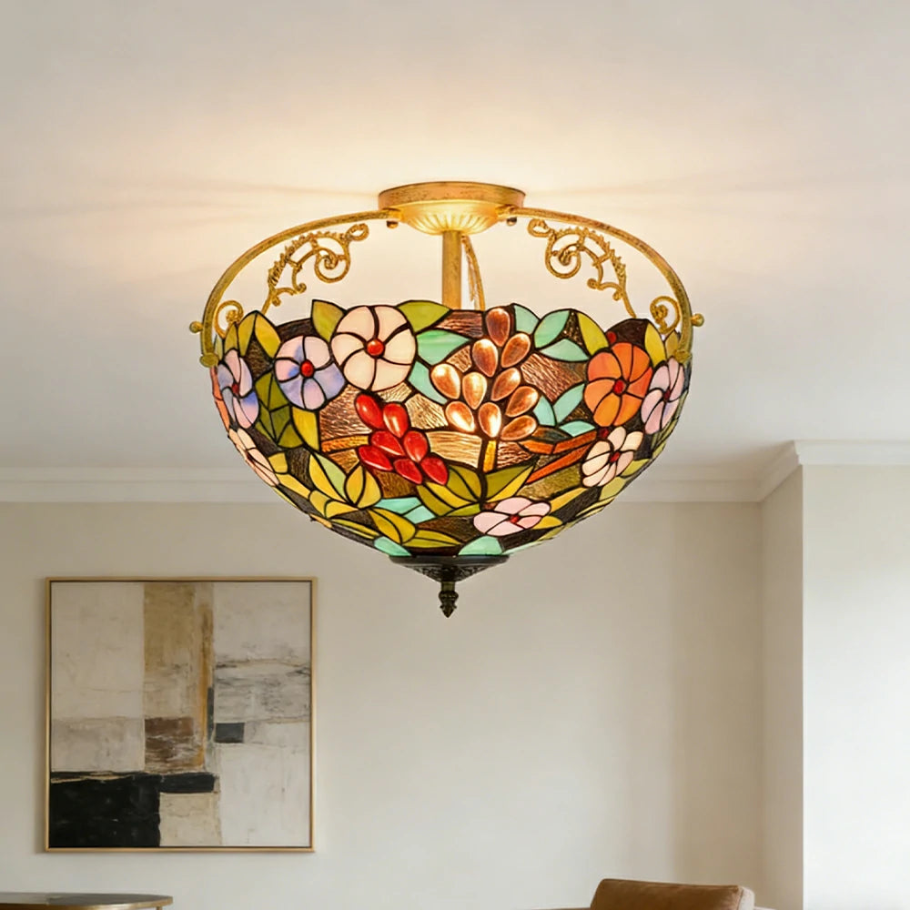LIVARA European Vintage Grape Floral Pattern Stained Glass Ceiling Light 3-Light Design Even Lighting 42x38cm Suitable for Living Room Bedroom Dining Hallway