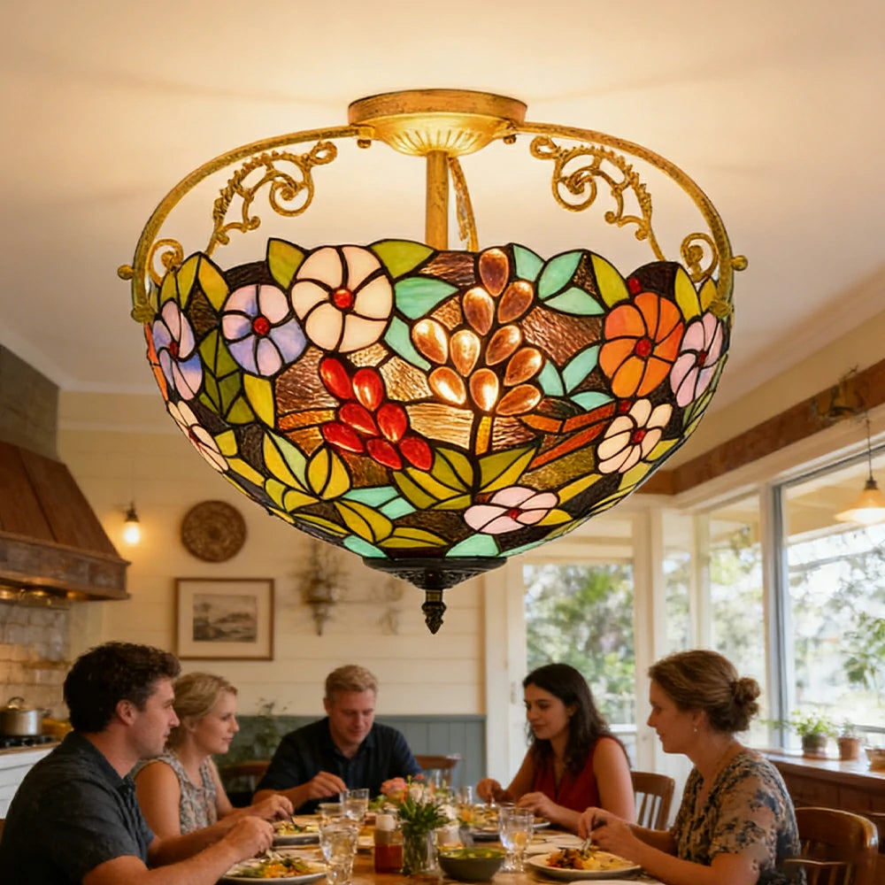 LIVARA European Vintage Grape Floral Pattern Stained Glass Ceiling Light 3-Light Design Even Lighting 42x38cm Suitable for Living Room Bedroom Dining Hallway